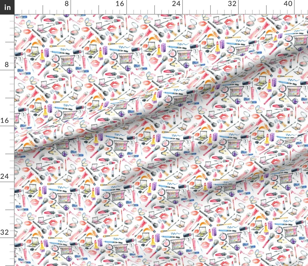 Makeup Lipstick Girly Kisses Lips Watercolor Valentines Day Custom Printed Fabric by Spoonflower Various Fabrics by the Yard or Fat Quarter