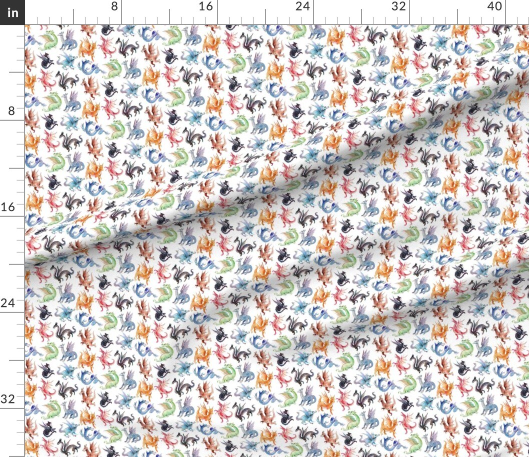 Dragons Mythical Creatures Fantasy Cat Watercolor Paint Whimsical Custom Printed Fabric by Spoonflower Various Fabrics by the Yard or Fat Quarter
