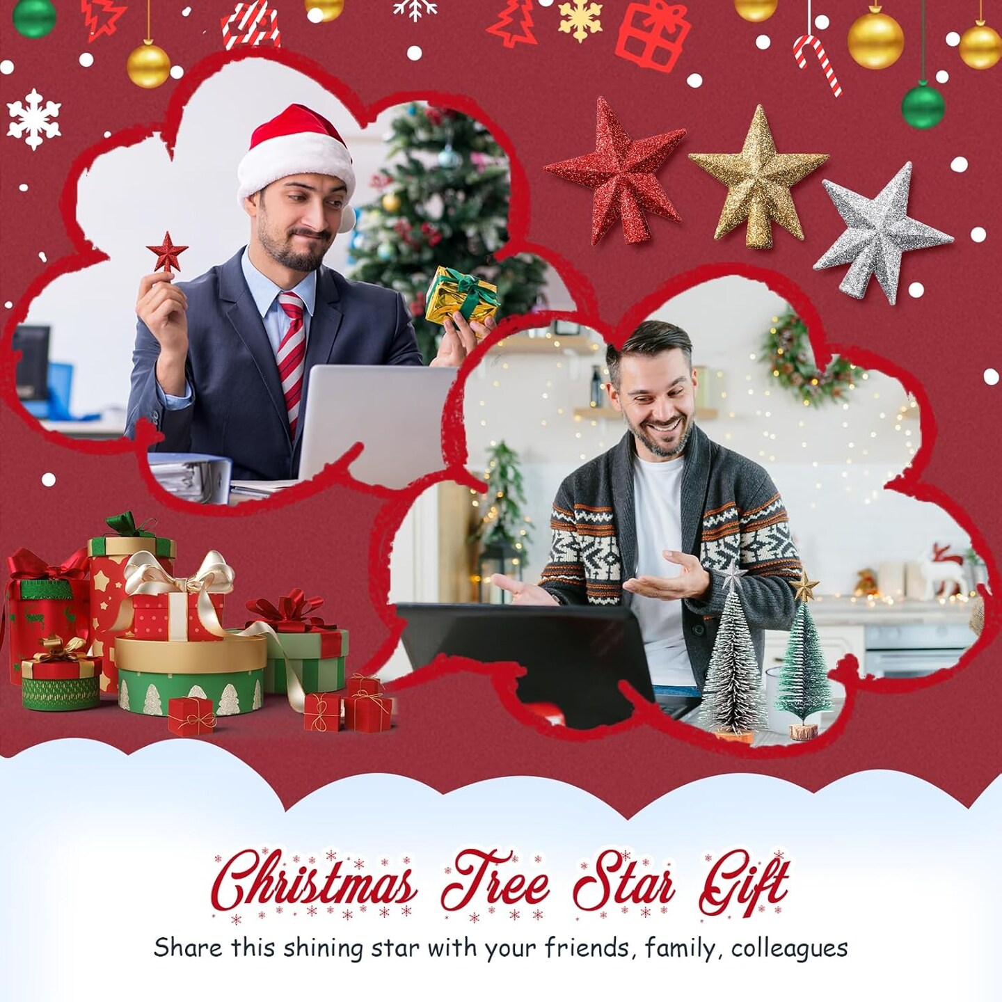 3 Pcs Mini Christmas Tree Topper Small Star Christmas Treetop(Glitter Multicolor)