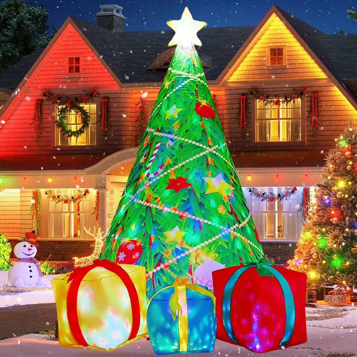 GOOSH 7 FT Christmas Inflatables Tree Blow Up Yard 3 Present Boxes with Built-in LEDs