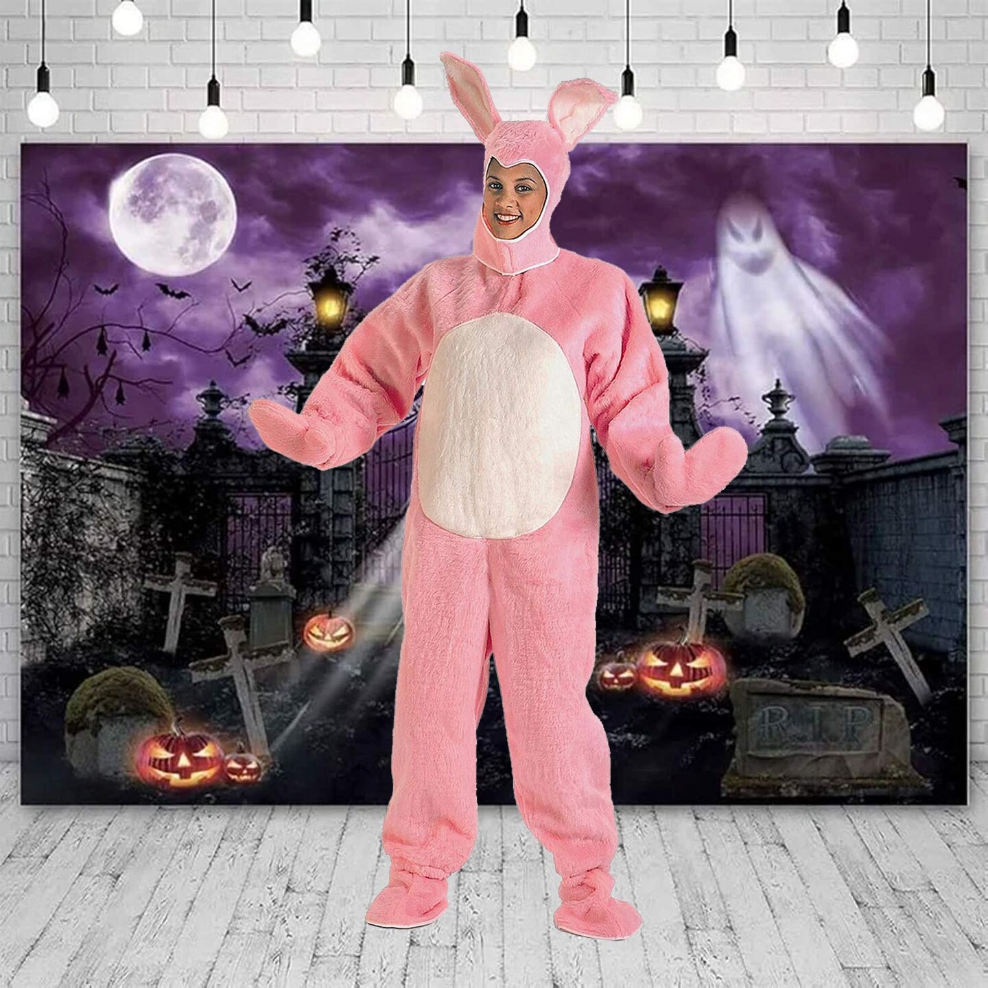 Adult Bunny Suit with Hood Plush Full Body Pink and White with