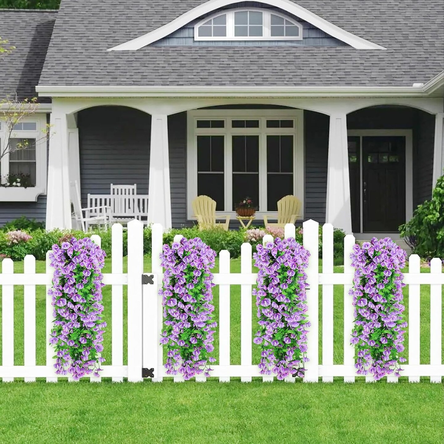 2PCS Artificial Hanging Flowers, UV Resistant Fake Plastic Faux Hanging Plants Morning Glory Vines