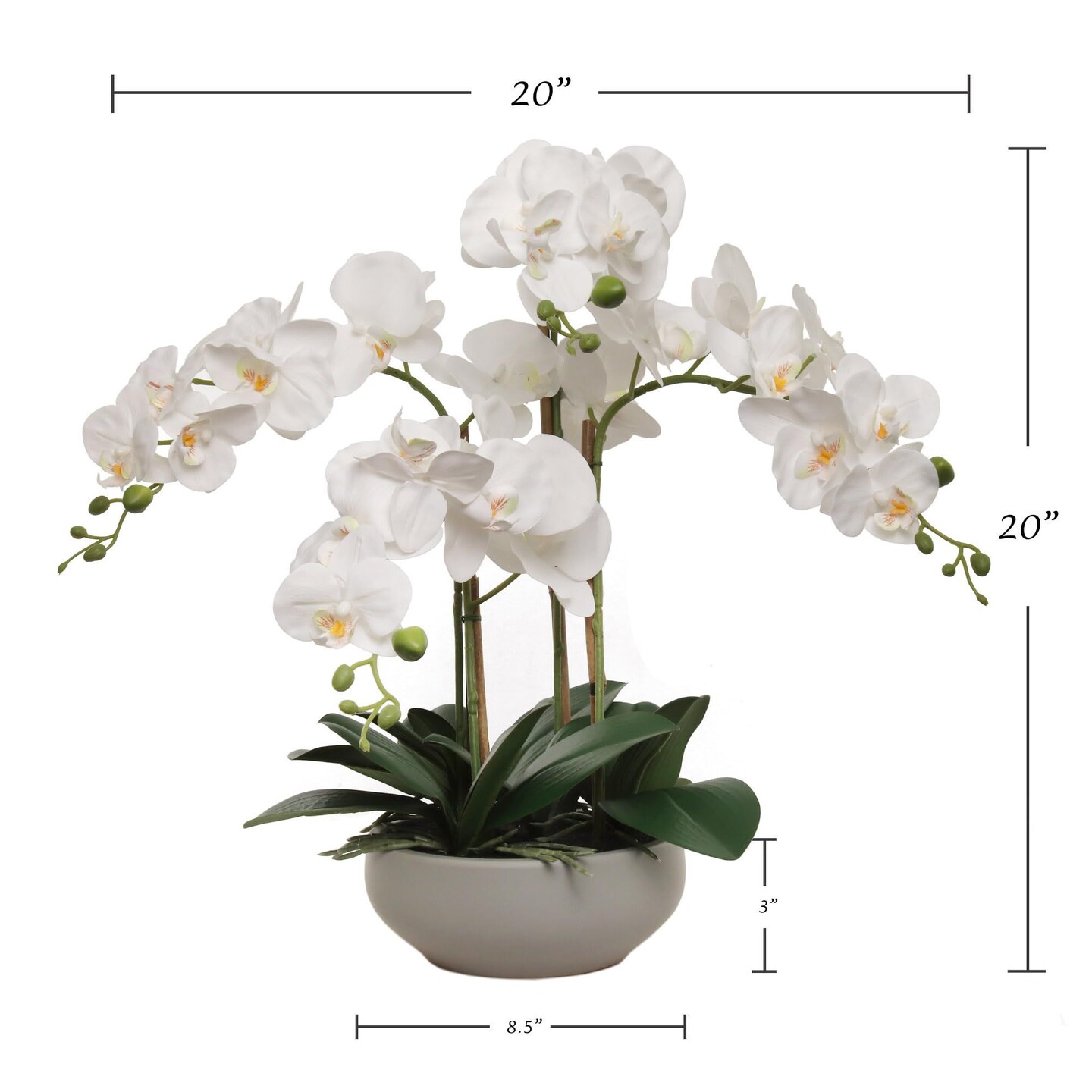 2-Pack 20&#x22; White Phalaenopsis Orchids | Faux Flowers in Round Grey Pots &#x2013; Elegant Decor for Home &#x26; Office