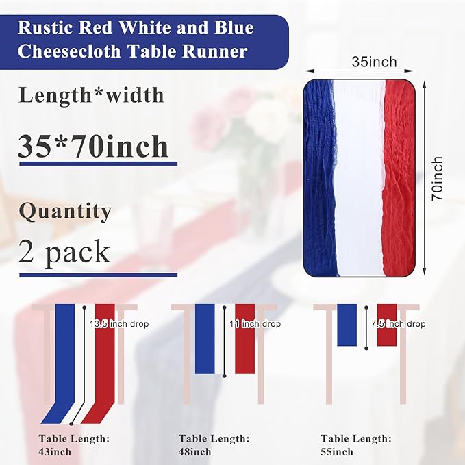 2pc Patriotic Cheesecloth Table Runner - 10ft Red, White & Blue 4th of July Decor