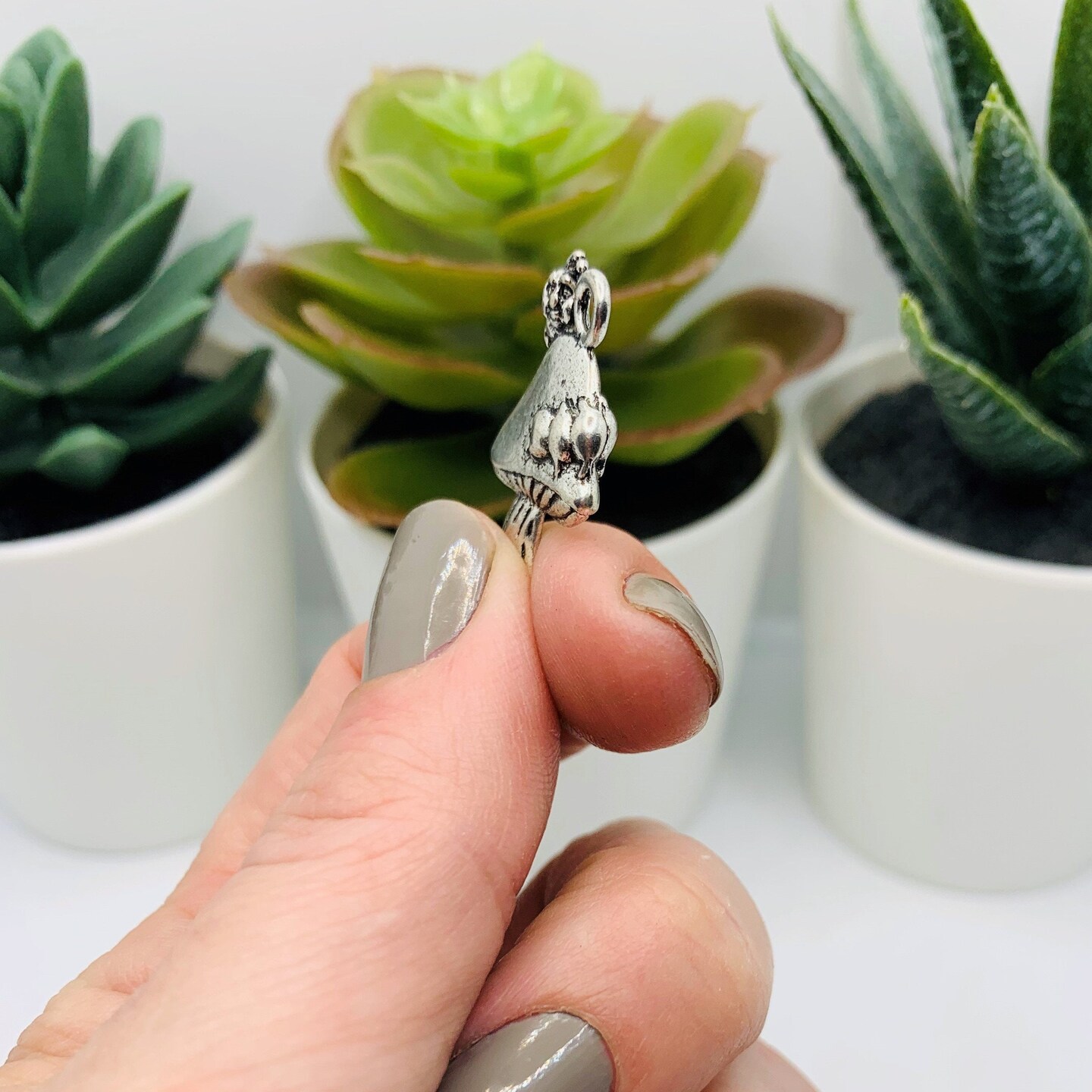 Silver Caterpillar on Mushroom Charms, 25x16mm