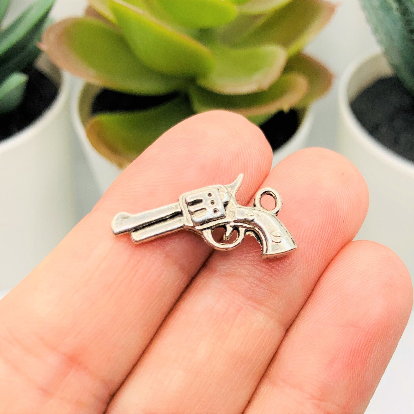 Silver Six Shooter Revolver Gun Charms, 21x11mm