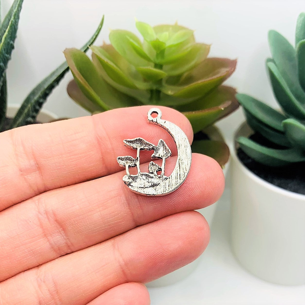 Silver Mushroom Pendant Charm in Moon, 22x18mm
