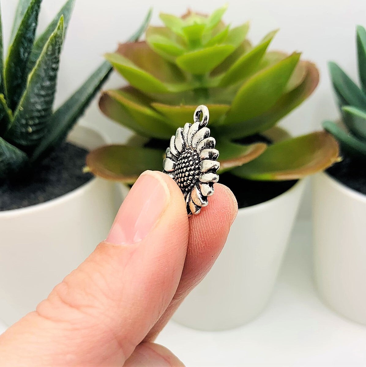 Small Antique Silver Sunflower Head Charms, 19x17mm