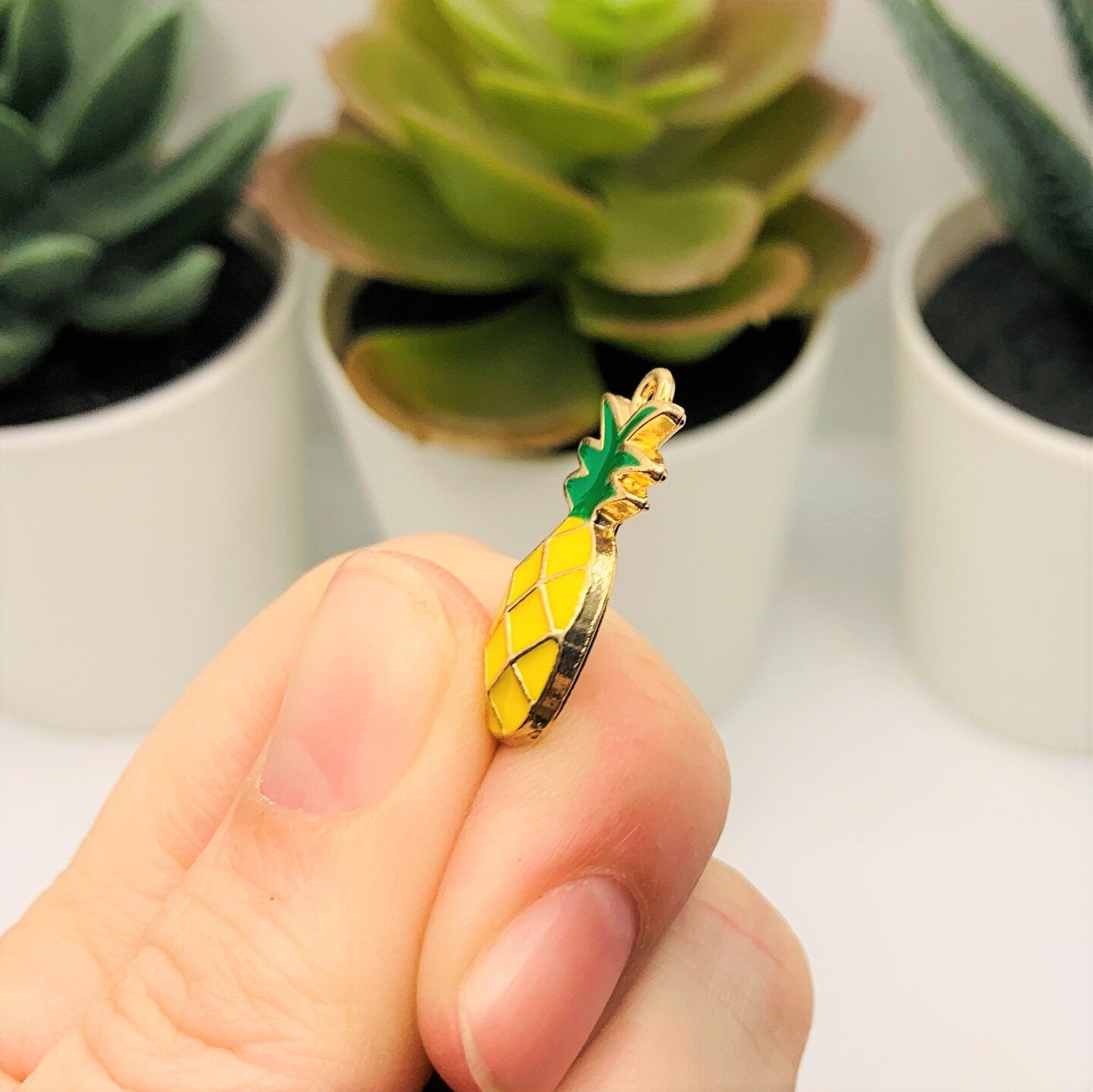 Yellow and Green Enamel Pineapple Charms with Gold Plating, 23x12mm