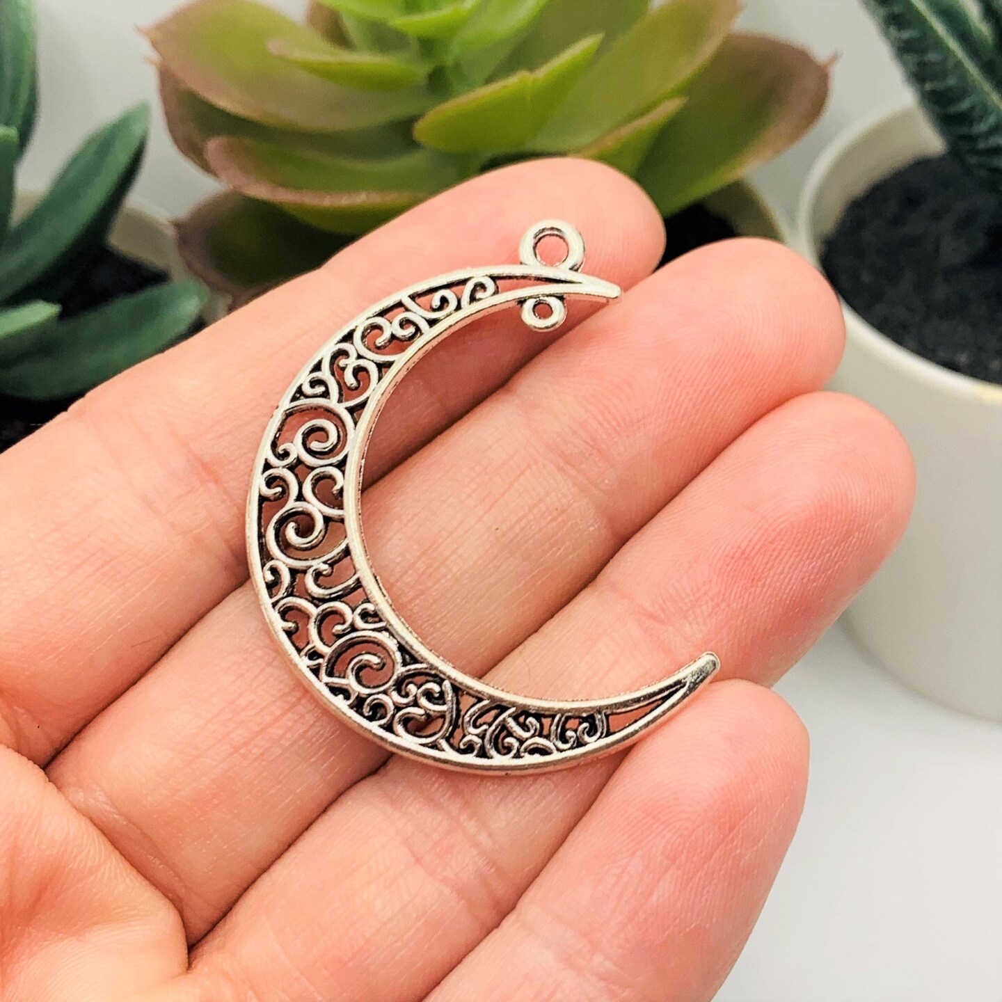 Silver Crescent Moon Double Hoop Charms, 41x36mm