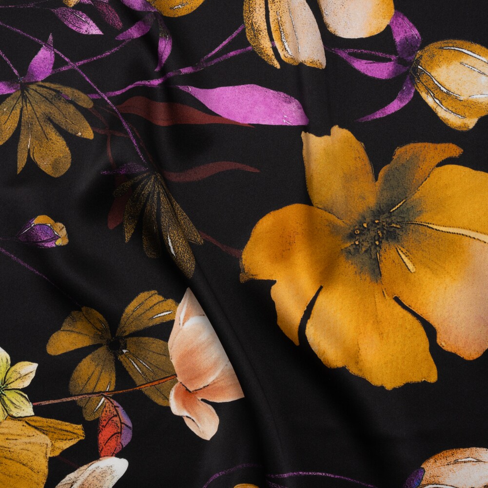 1 Yard Italian Black Purple and Yellow Ochre Floral Silk Charmeuse Fabric 53 inch Width