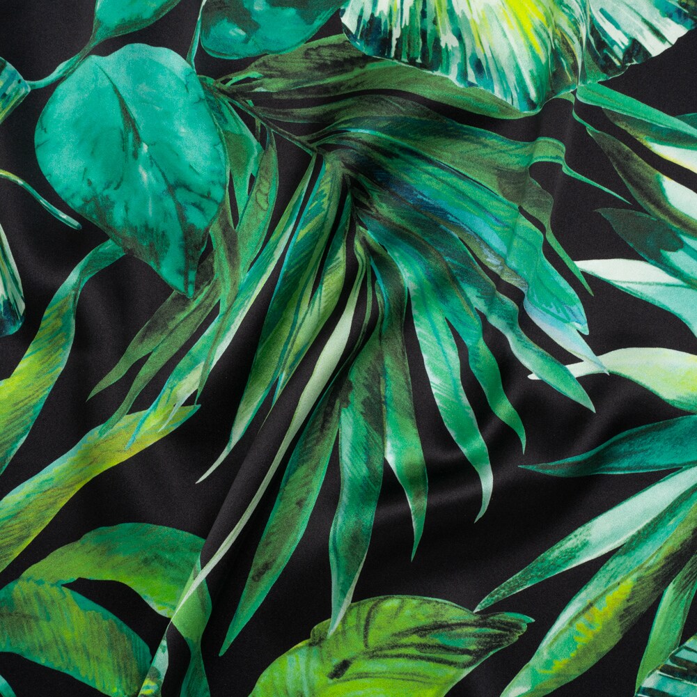 1 Yard Silk Charmeuse Print Black & Green Tropical Leaves 53" Wide Luxury Fabric for Dresses, Skirts & Blouses
