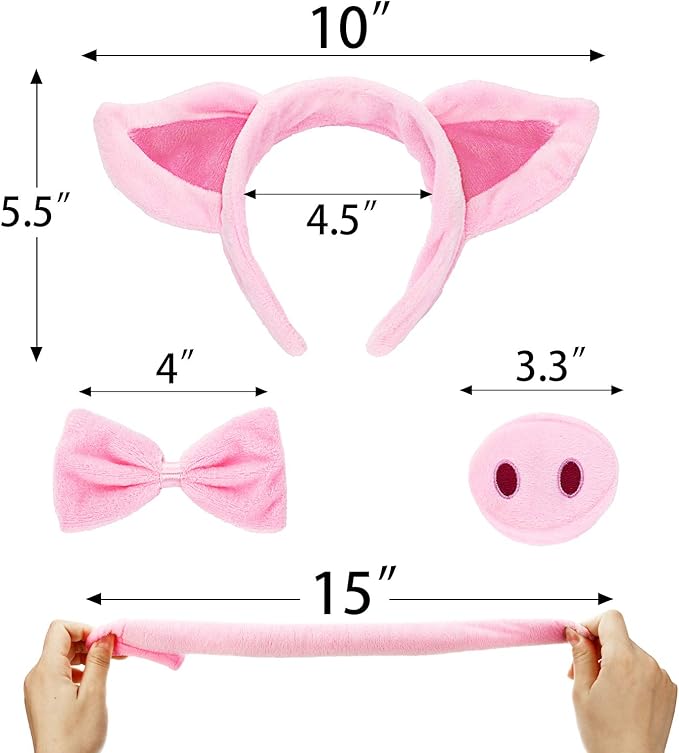 Pig Costume Set Pig Ears Nose Tail and Bow Tie Pink Pig Fancy Dress Costume Kit Accessories for Kids Halloween Party, Mardi Gras Costume Party, Carnival Dress up Play