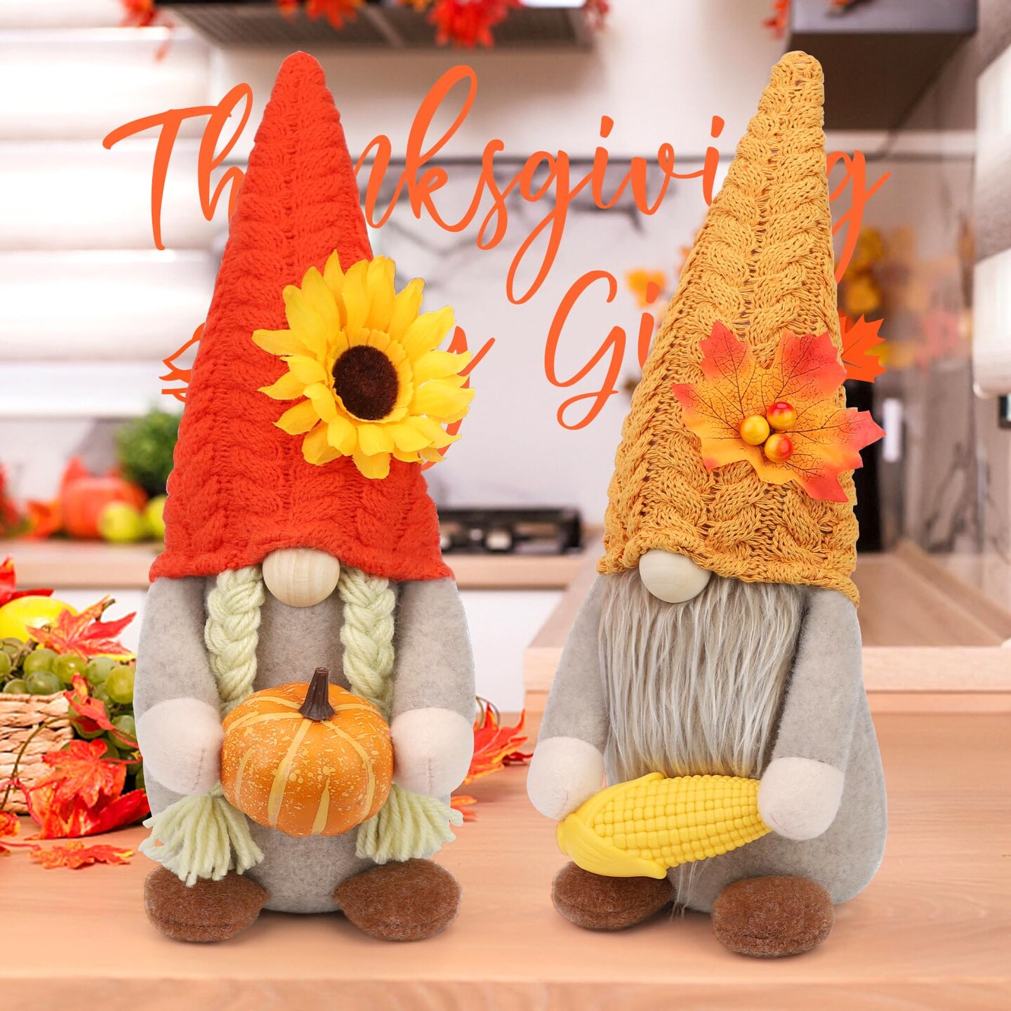 Thanksgiving Gnomes Fall Decorations for Home, 2Pack Plush Gnomes Hold Pumpkin Corn, Mr and Mrs Swedish Tomte Gnome Doll with Maple Sunflower Fall Harvest Thanksgiving Decor for Home Kitchen Table