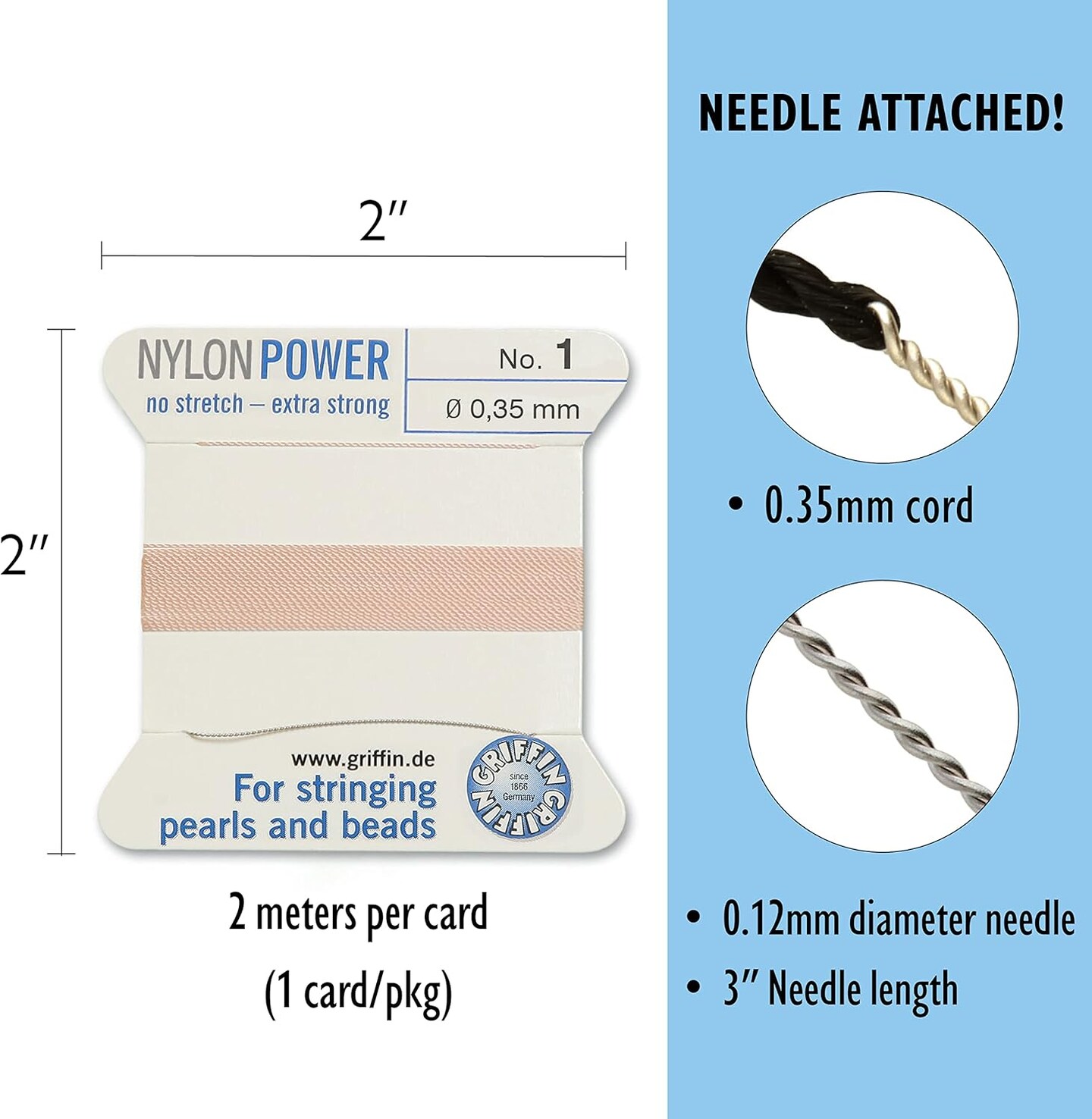 Griffin Nylon Bead Cord Perlseide – Size 1 (0.35mm) – 2 Meters per Card – Stainless Steel Needle Attached – for Knotting Pearls, Gemstones, Crystals and Beads