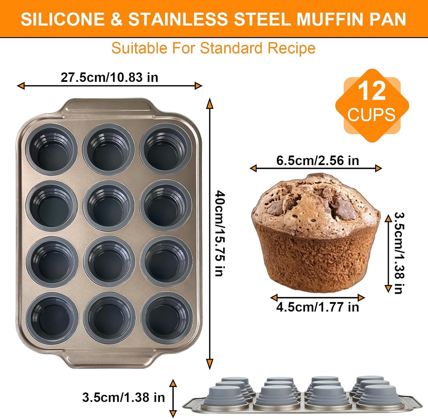 Silicone Muffin Pan with Metal Frame, 12 Cups Silicone Muffin Pan - Nonstick Cupcake Pan 1 Pack Regular Size Silicone Mold for Baking, Muffin Tins Easy to Pop Bakeware for Oven, Golden Gray