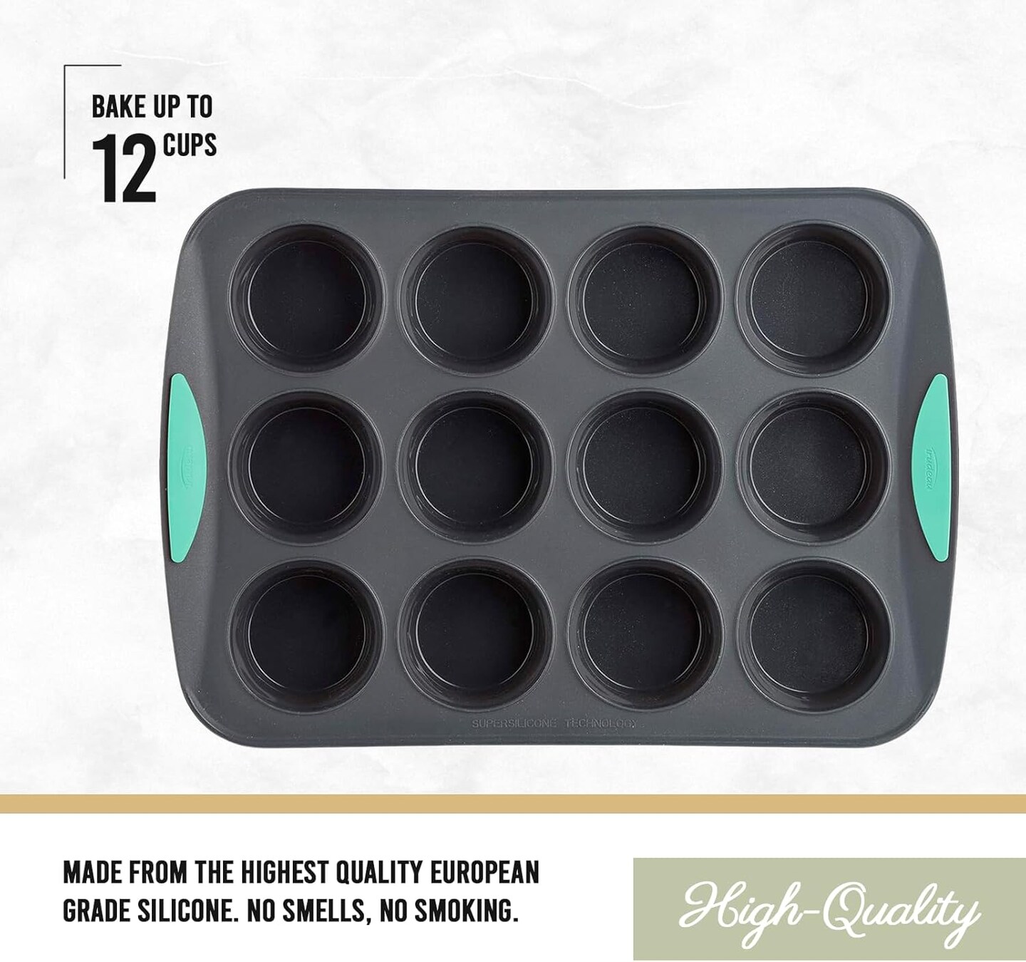 12-Cup Silicone Muffin Pan with Hard Lining, Nonstick & Heat-Resistant, Grey/Mint