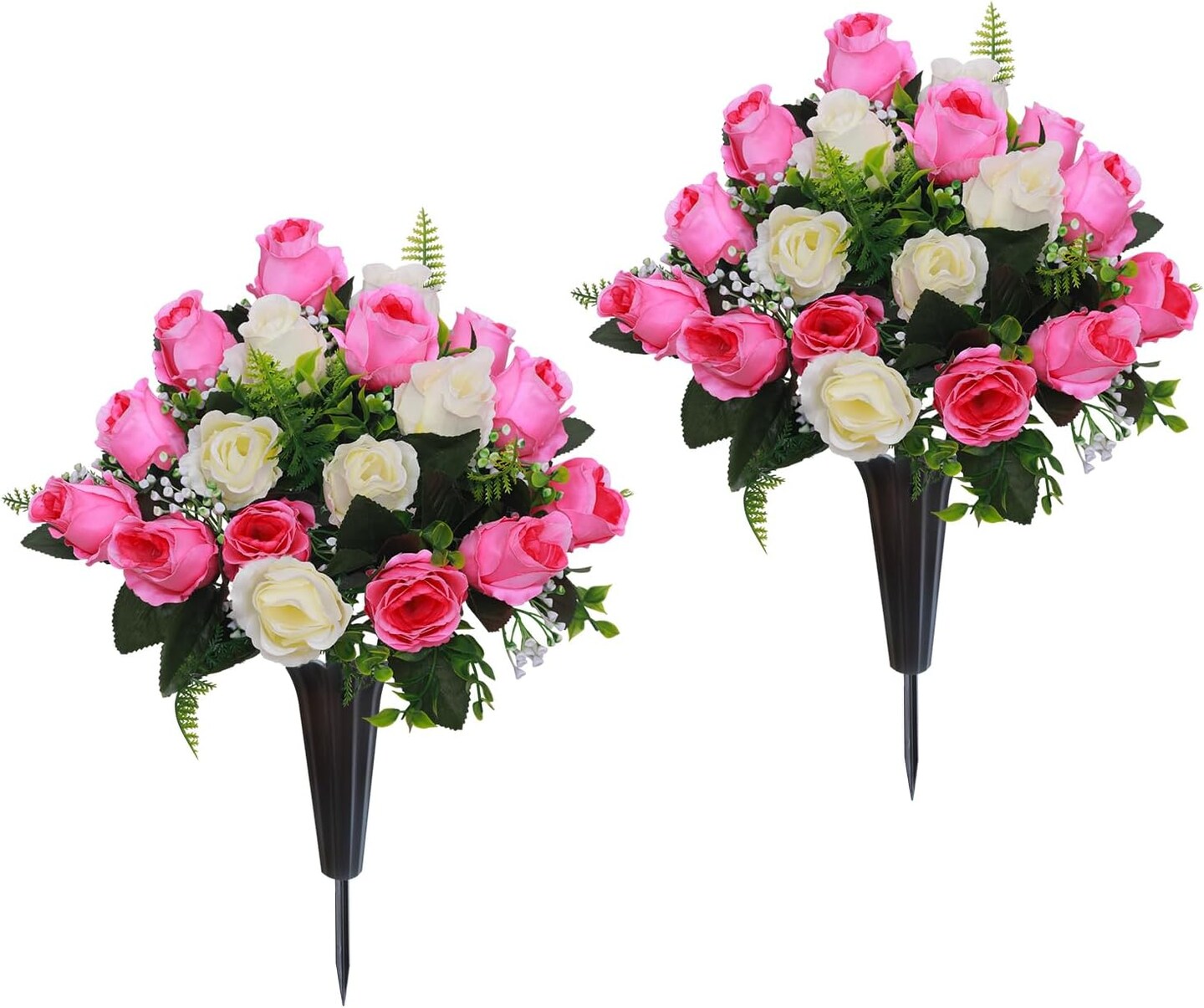 Set of 2 Artificial Cemetery Flowers with Vase – Memorial Flower Bouquet for Grave, Headstone Decoration, Indoor & Outdoor (Pink & White)