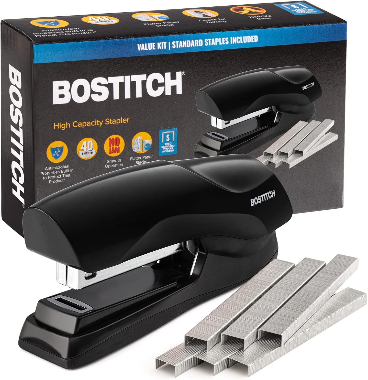 Office Stapler Heavy Duty - 40 Sheet Stapler for Desk -Full-Strip - Includes 1260 Staples - Black