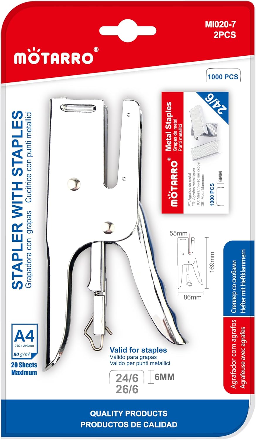 Heavy-Duty Full-Strip Metal Plier Stapler, Large Capacity Stapler with Standard 24/6 Metal Staples 1000 pcs for Desktop Work Office &#x26; School Supplies