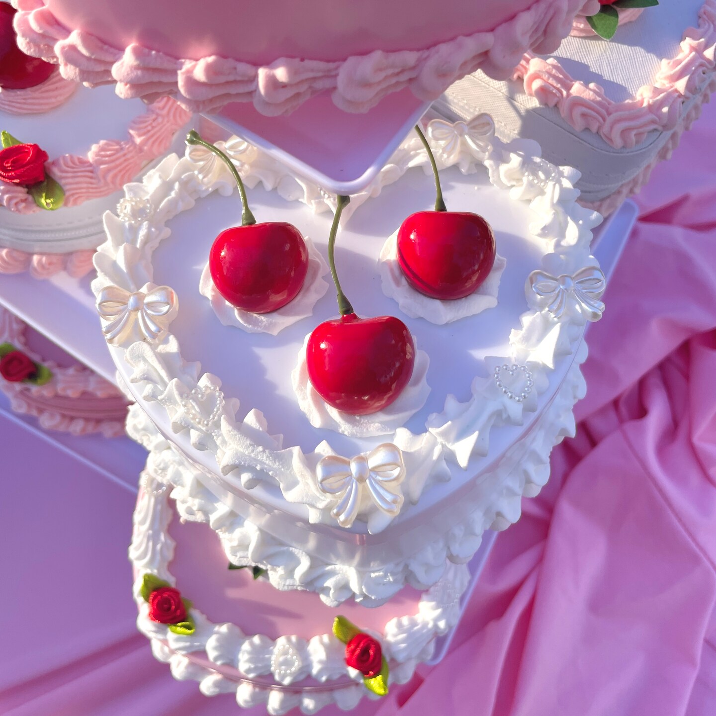 White Cherry Heart Decor Box - Coquette Decor Box With Mirror