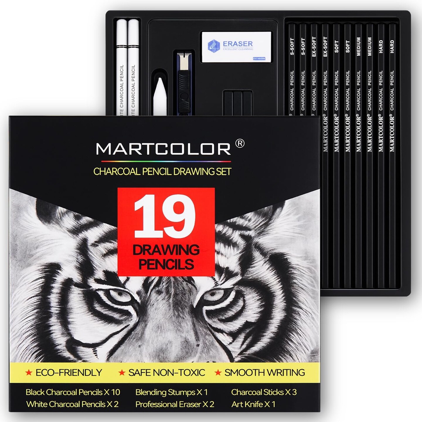 Charcoal Drawing Set, 19 Pieces, Black &#x26; White Charcoal Pencils for Drawing
