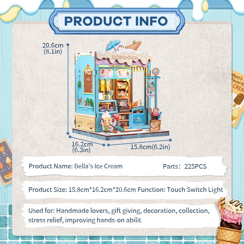 Bella's Ice Cream Dollhouse Kit - Miniature Wizardi Roombox Kit with LED Light F07M51-93-CWGC212