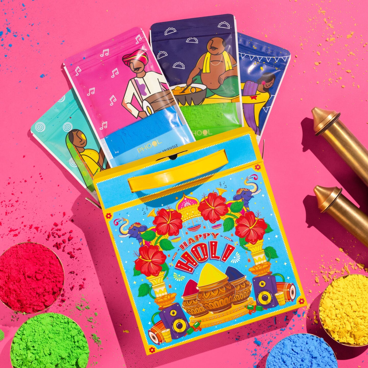 Natural Holi Party Gulal Colors Gift Box (Pack of 4) - Pink, Blue, Green, Yellow | Skin-Friendly Powders with Greeting Card for Gifting & Celebration