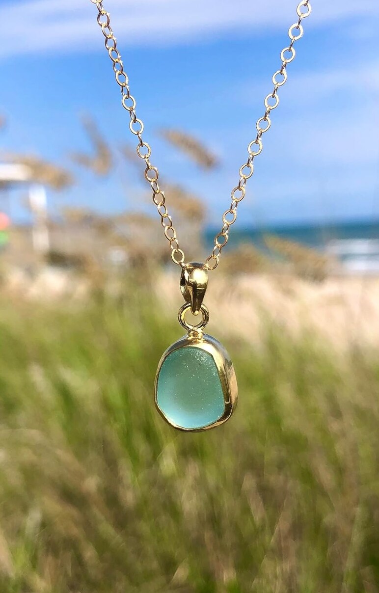Petite Gold Sea Glass Pendant Necklace 24k Gold Plated Teal Green