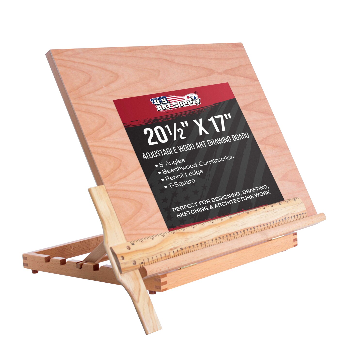 Large 20-1/2&#x22; x 17&#x22; Adjustable Wood Art Drawing Board - 5 Angles, Beechwood Construction, Pencil Ledge &#x26; T-Square - Perfect for Designing, Drafting, Sketching &#x26; Architecture Work