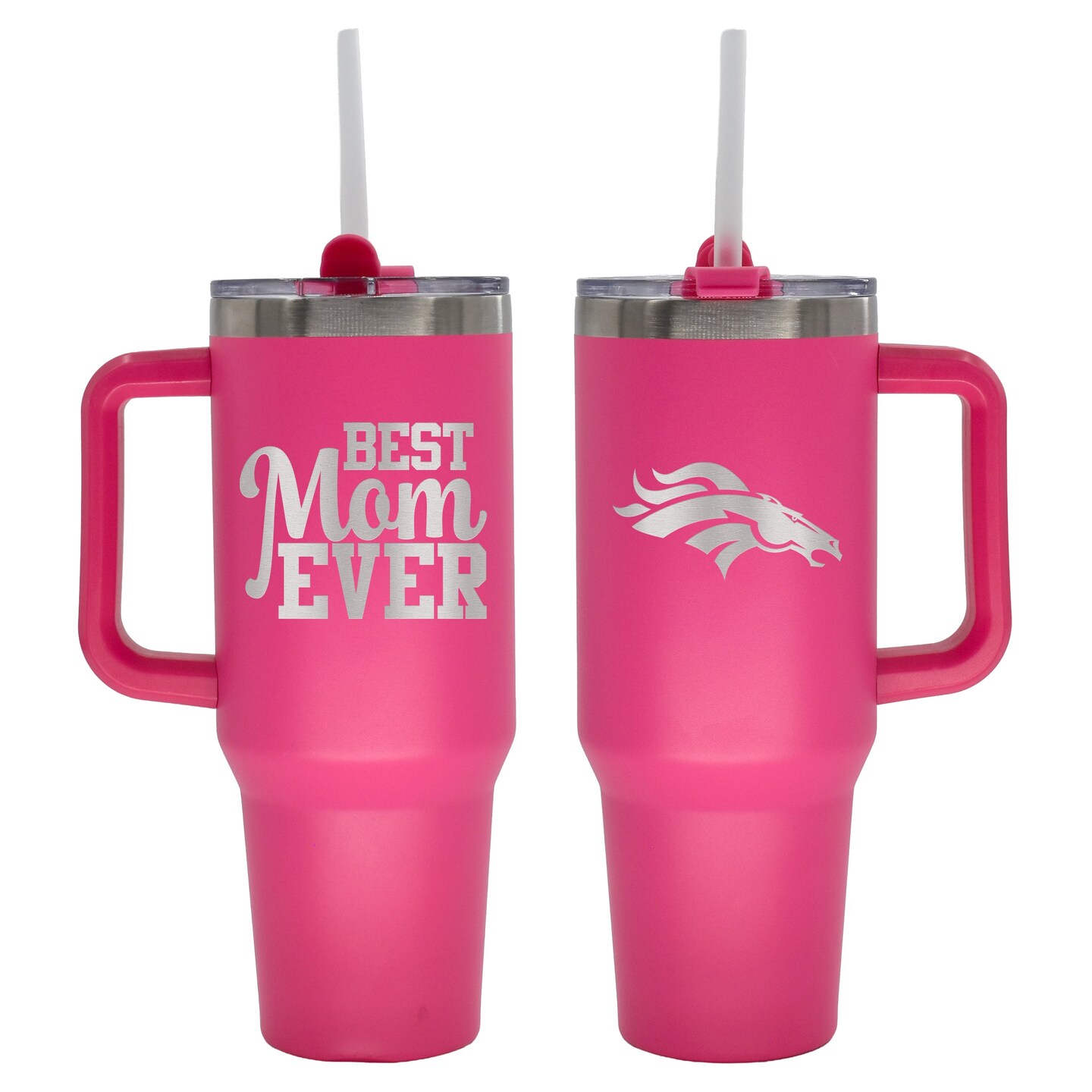 40oz Pink Stainless Steel Colossal Tumbler, Etched, Best Mom Ever Design, Denver Broncos
