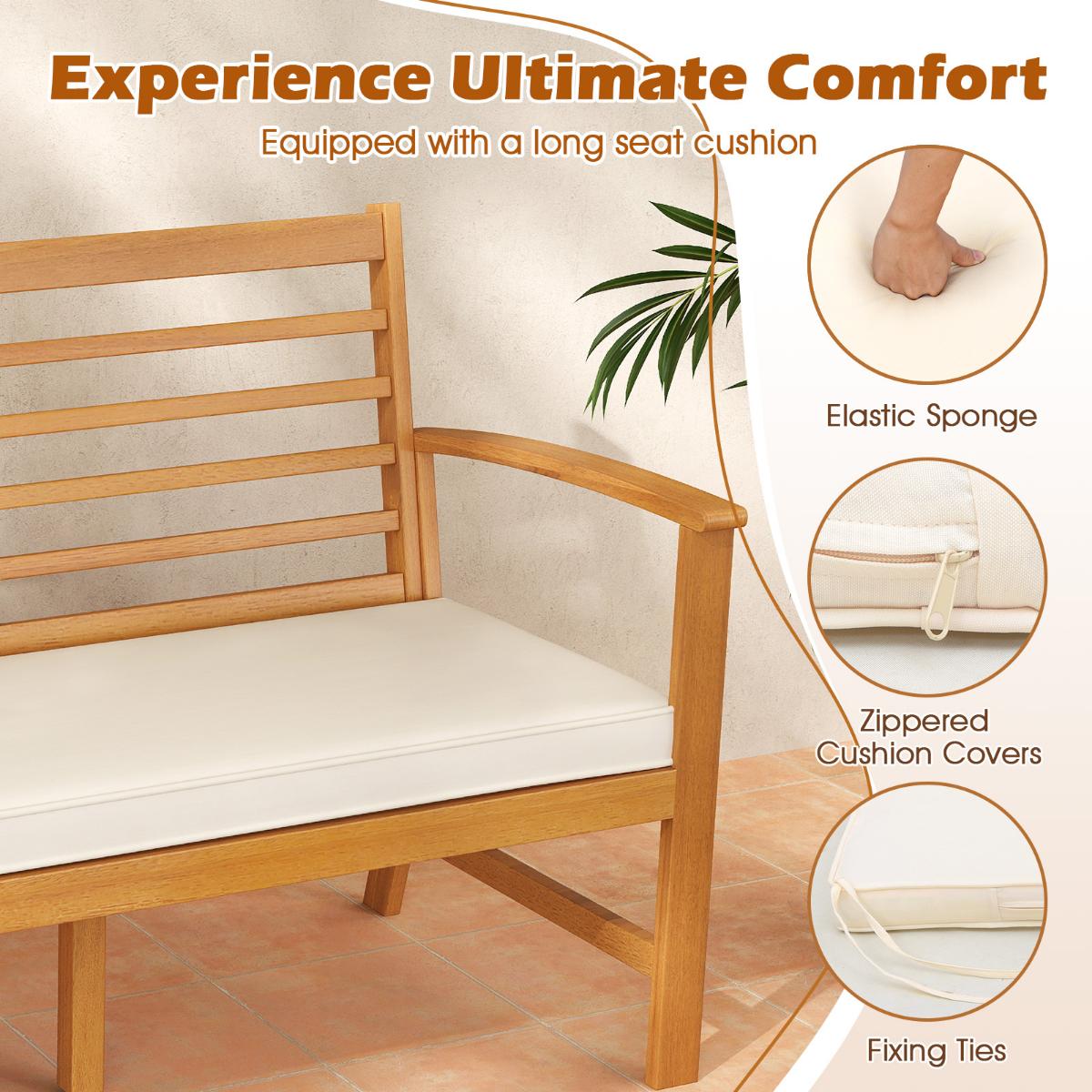 Outdoor Wood Bench 64 Inch with Backrest Cushion, Patio Porch Seating Natural Finish