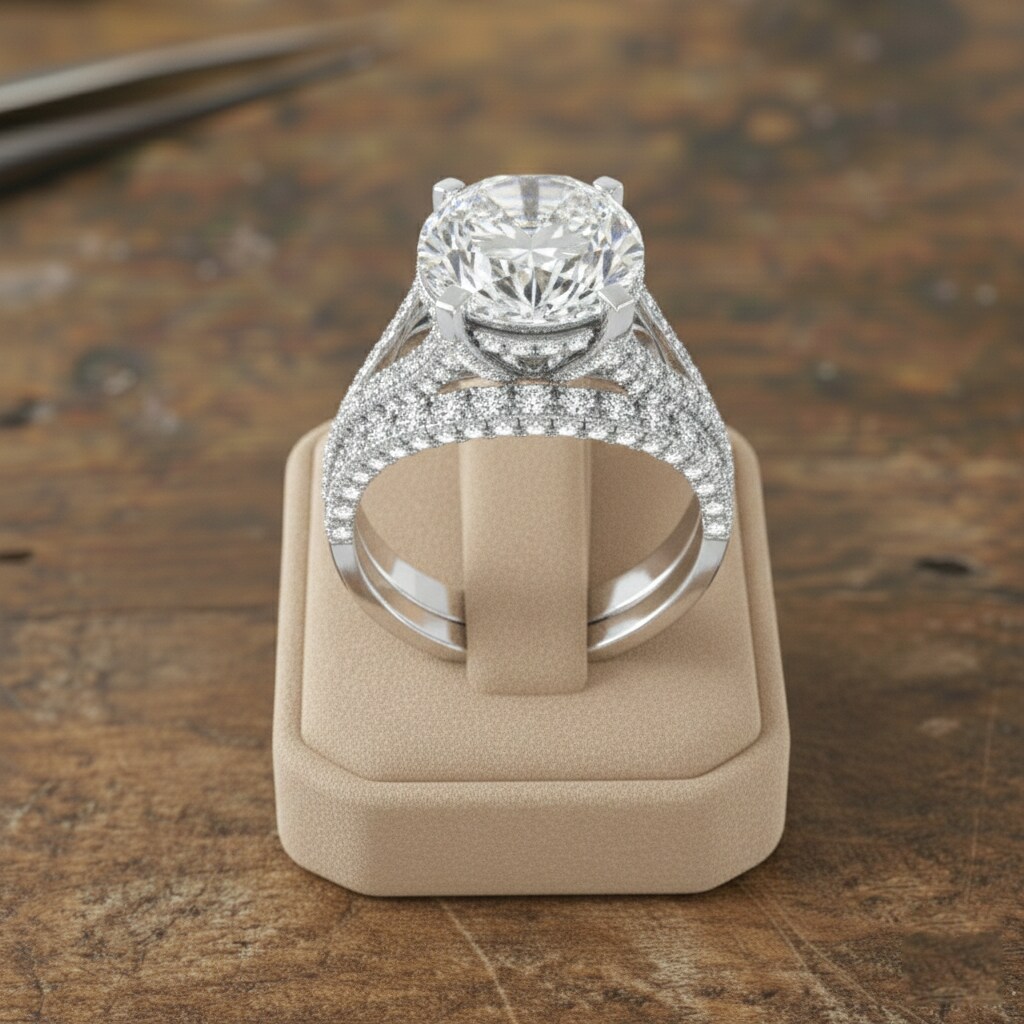 Large Oval Natural Diamond Wedding Ring Set with Band Authentic
