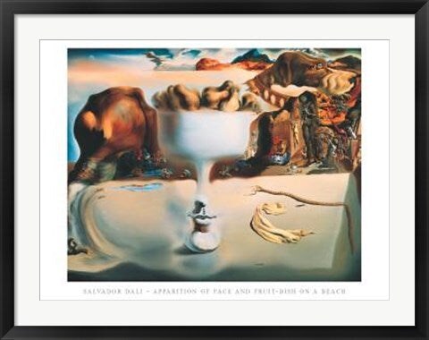 Framed Art Apparition of Face and Fruit Dish on a Beach, 1938 by Salvador Dali 24 x 32