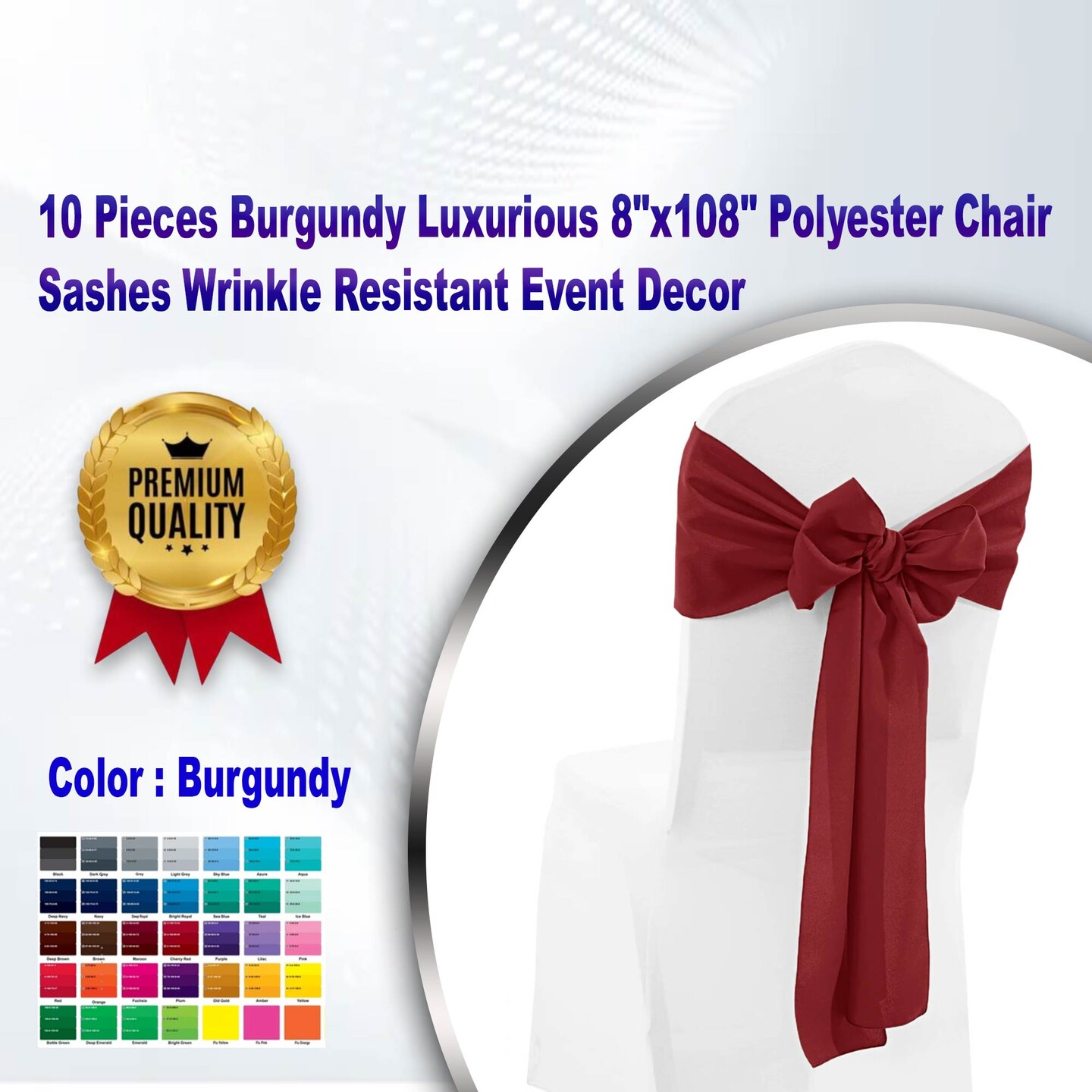10 Pieces Burgundy Luxurious 8&#x22;x108&#x22; Polyester Chair Sashes Wrinkle Resistant Event Decor