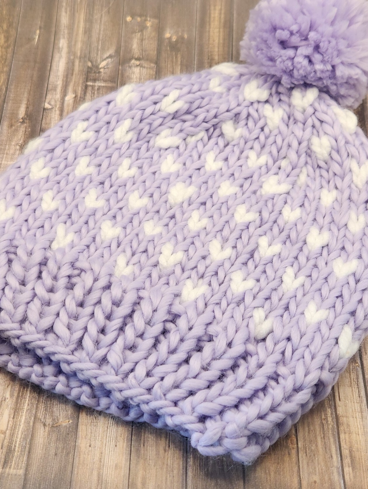 Handmade Chunky Knit Beanie w/ Faux Fur Pom | Ivory White Purple Blue Hearts|NWT 6 main image 4