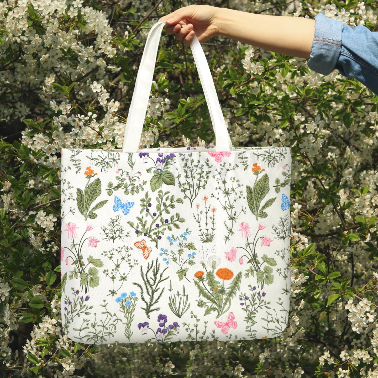 2 Pcs 2 Pcs Spring Canvas Tote Bags Floral Tote Bag Cute Aesthetic Wildflower Herbs Reusable Grocery Bags for Women (Classic)
