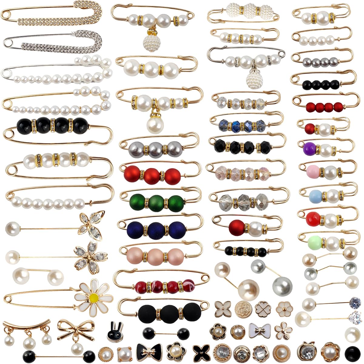 75PCS Pearl Brooch,Pant Waist Tightener Safety Pin Double Faux Pearl Brooches for Women Girls Fashion Cover Up Buttons Clothing Dresses Decoration Accessories Pant Waist Tightener Safety Pins
