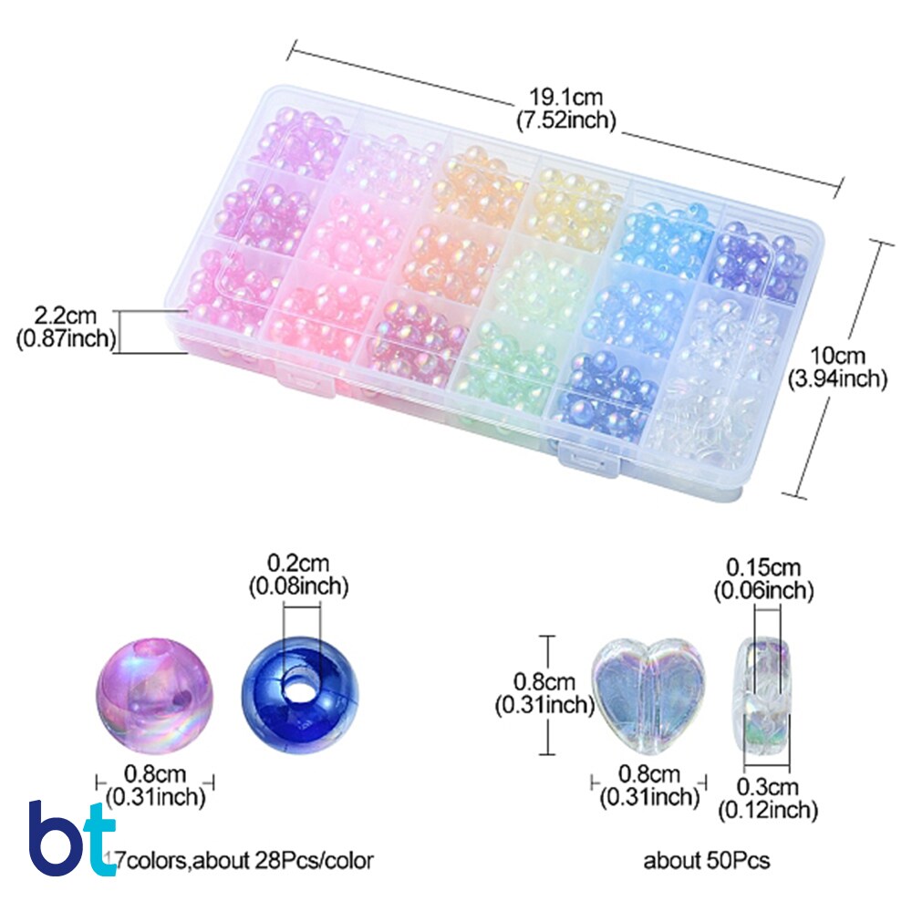 BeadTin Transparent AB 8mm Round Plastic Beads (Box/18 Styles)