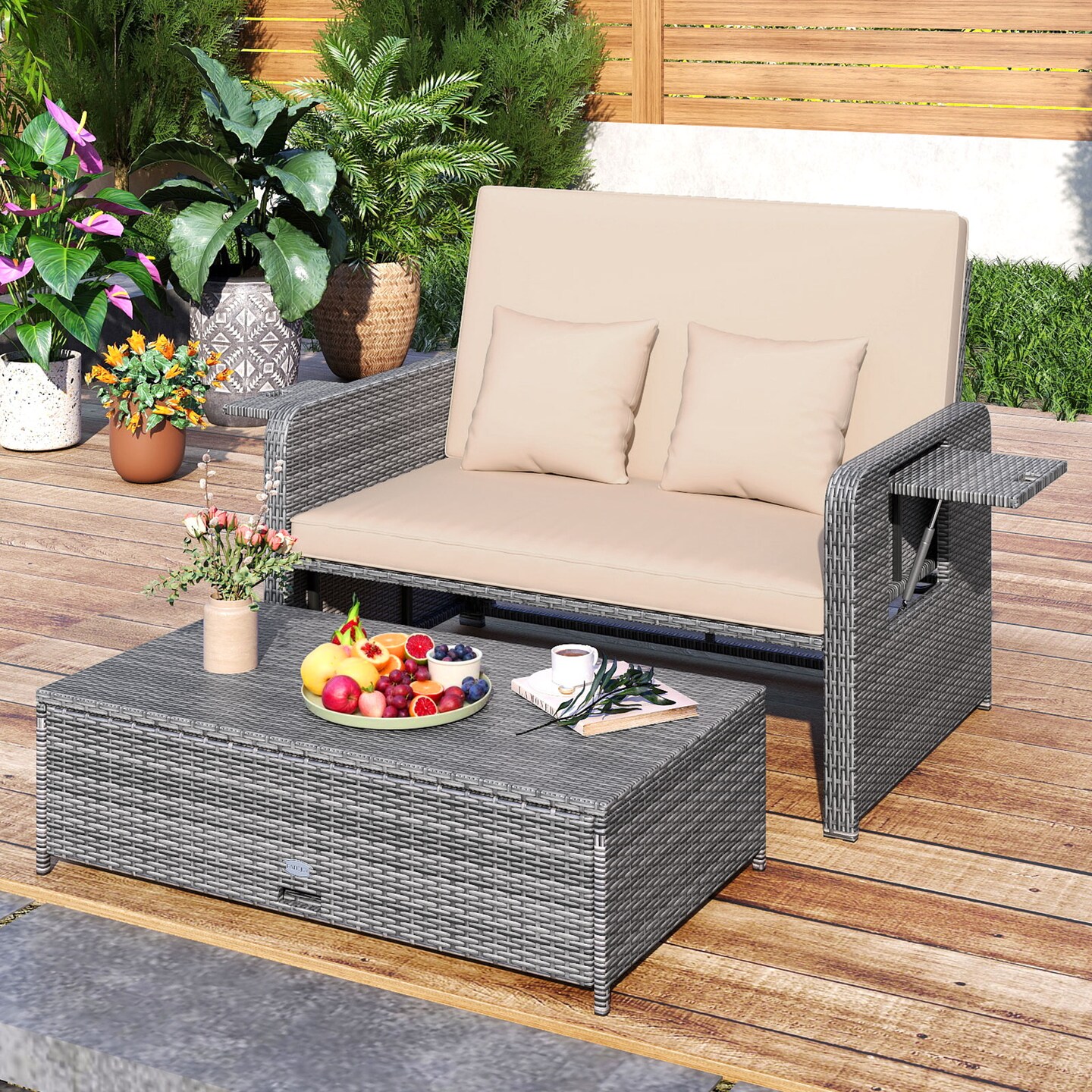Outdoor Wicker Loveseat with Adjustable Backrest and Storage Ottoman