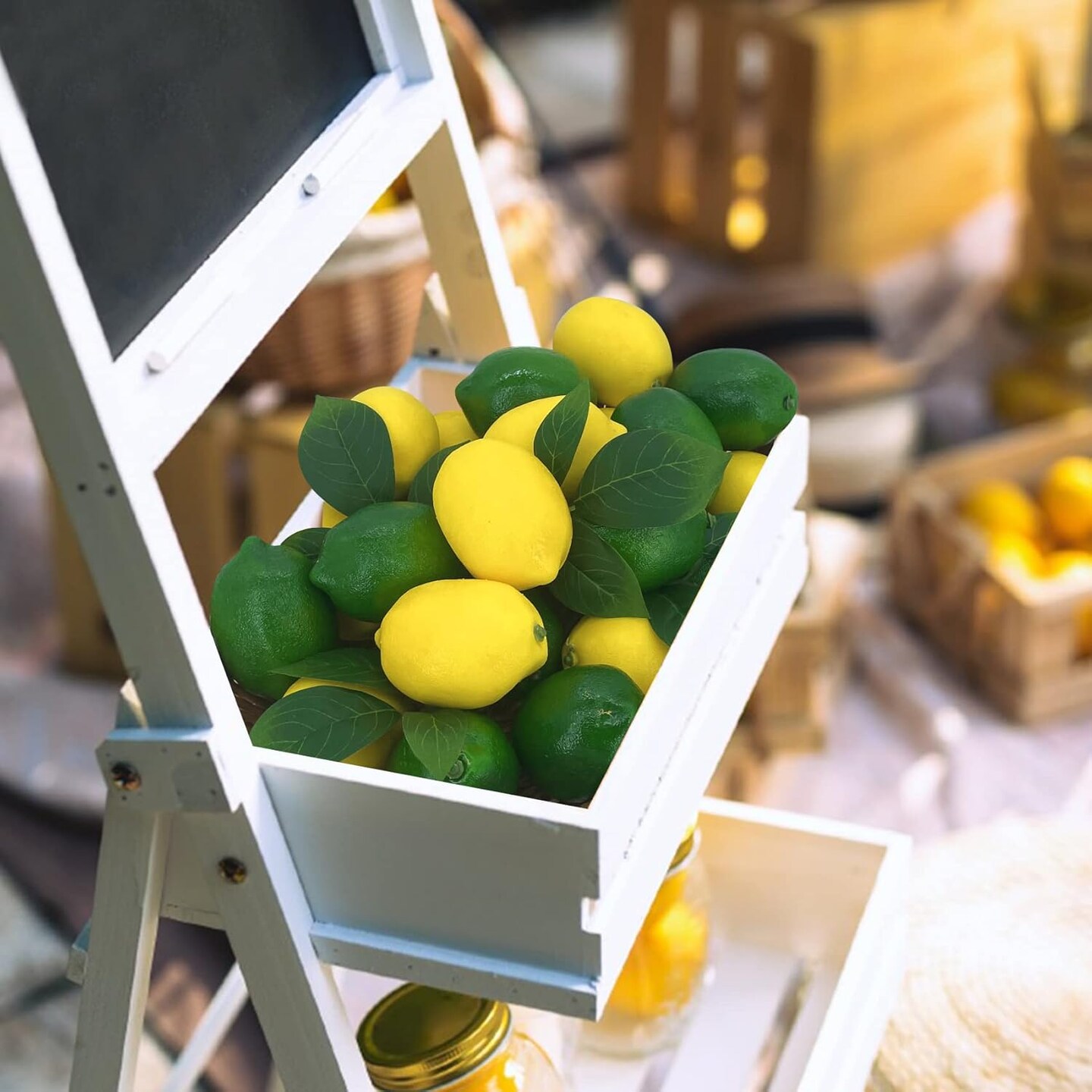 24PCS Faux Lemons & Limes with Leaves – 12 Lemons, 12 Limes, Realistic Artificial Fruit Decorations for Kitchen, Summer Party, and Table Centerpieces