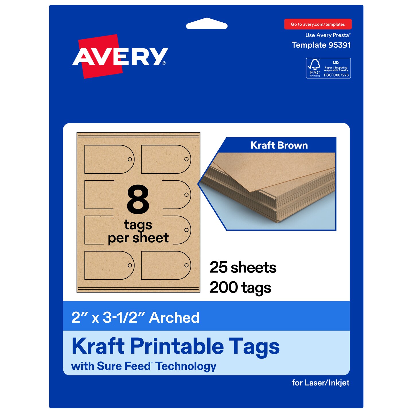 Avery Printable Arched Printable Tags, Sure Feed Technology, 2" x 3-1/2", Matte Kraft Brown Cardstock, Print-to-The-Edge, Laser/Inkjet Printable, 80 Total