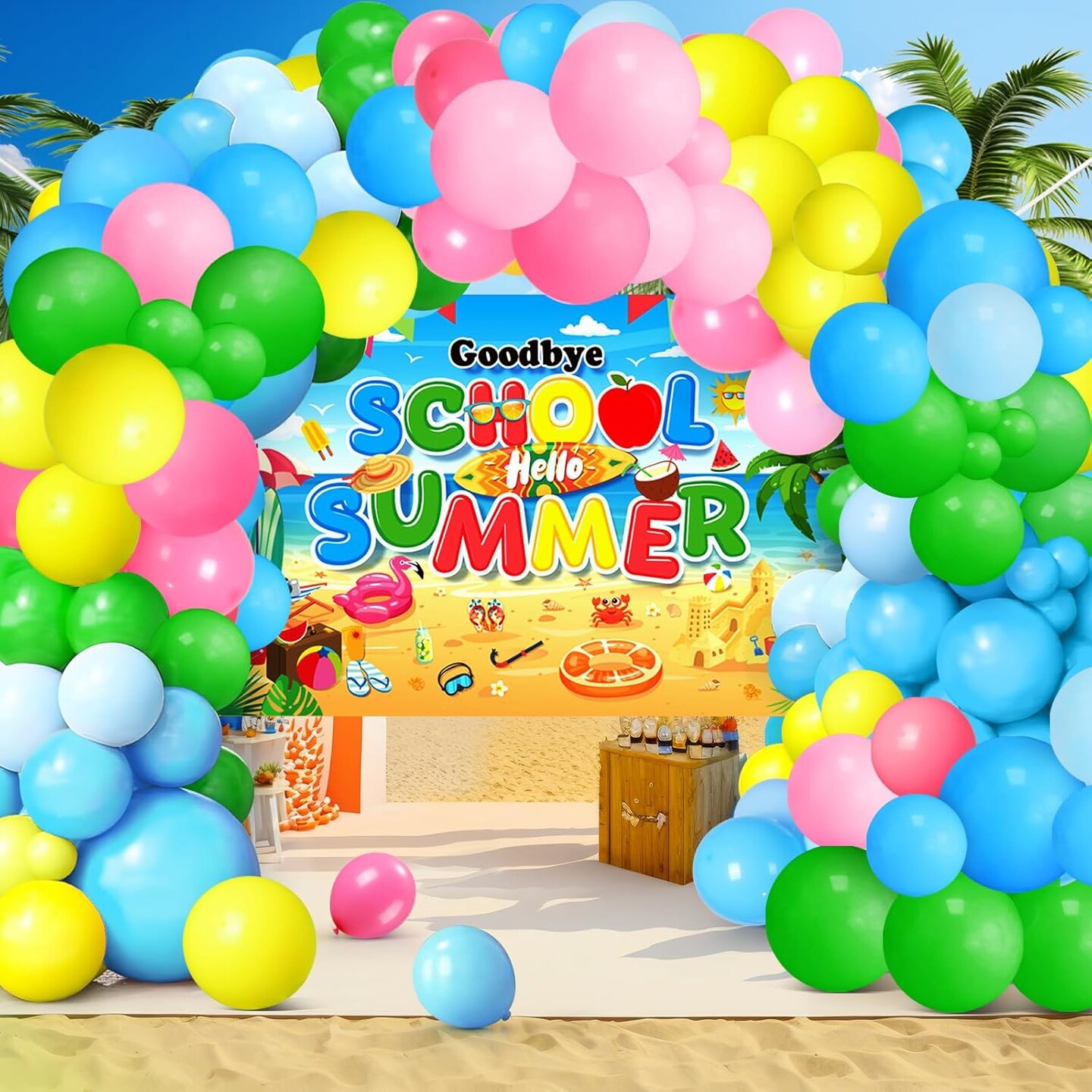 Summer Tropical Balloon Arch Garland Kit, 121Pcs Tropical Hawaiian Beach Pool Party Decorations with Backdrop, Pink Green Blue Yellow Latex Balloons for Hawaiian Luau Aloha Summer Birthday Supplies