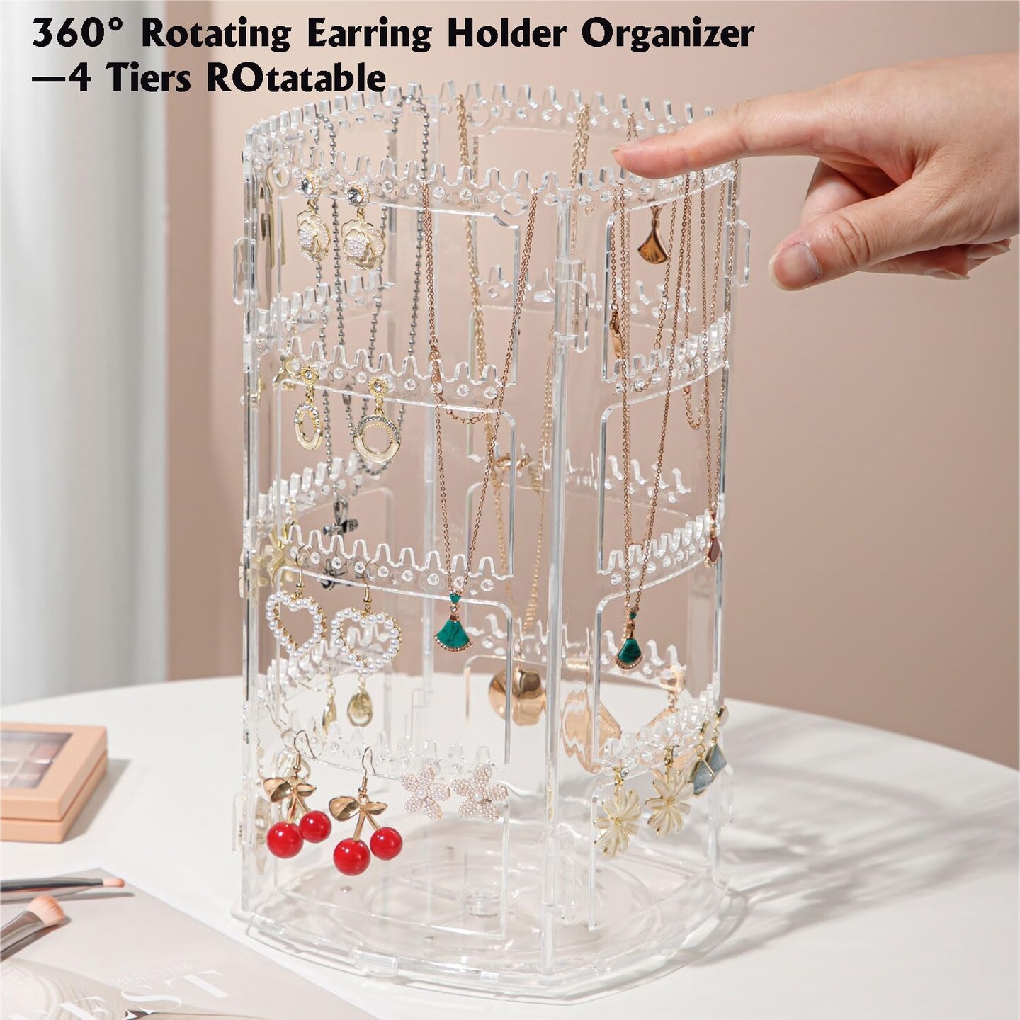 360&#xB0; Rotating Jewellery Stand Organiser, Clear Display Earring Holder, 4 Tiers Jewellery Stand Necklace Stand Jewelry Dangle Earring Necklace Bracelet Display Rack Stand for Storage