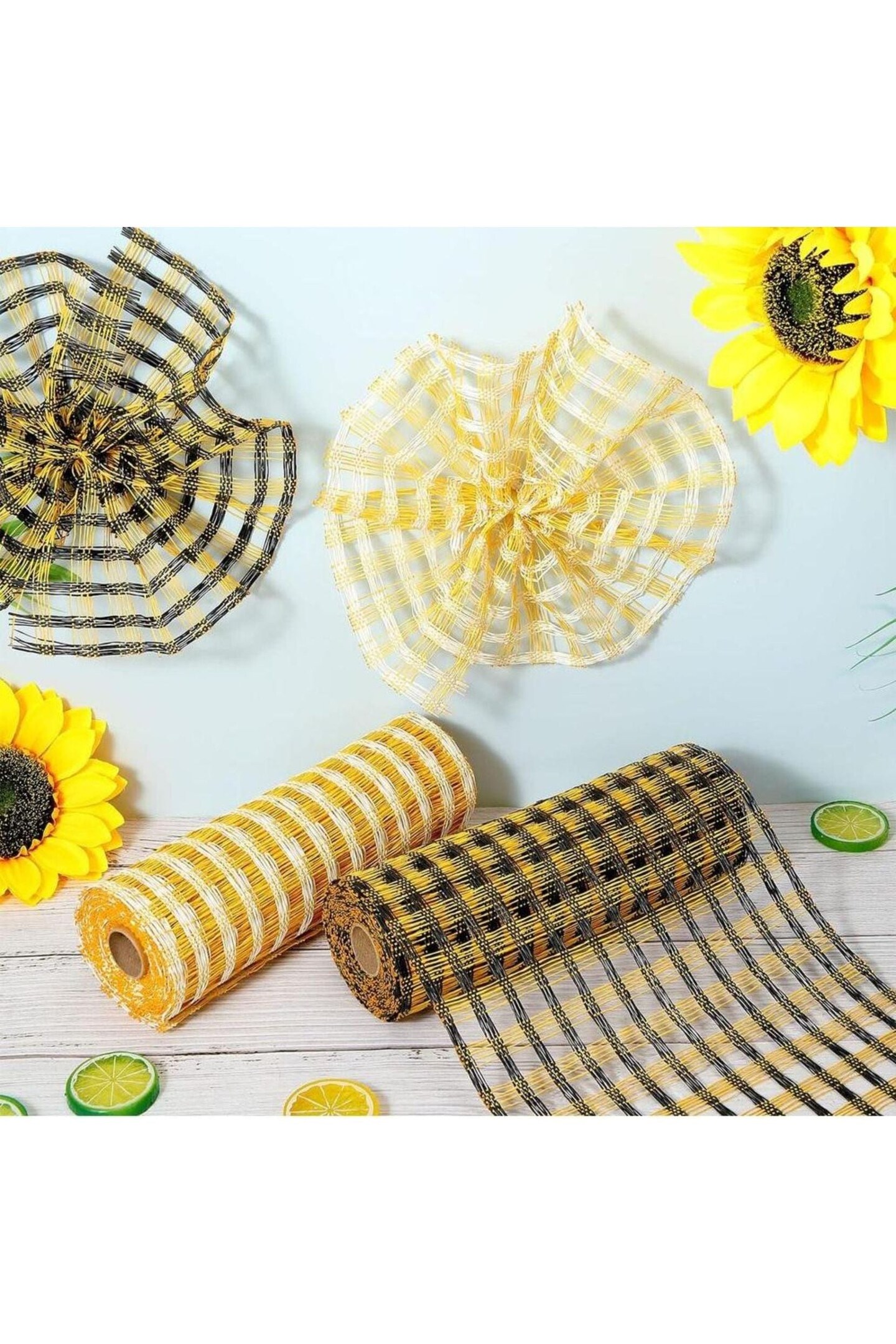 10&#x22; Poly Burlap Check Mesh Ribbon: Yellow &#x26; Cream