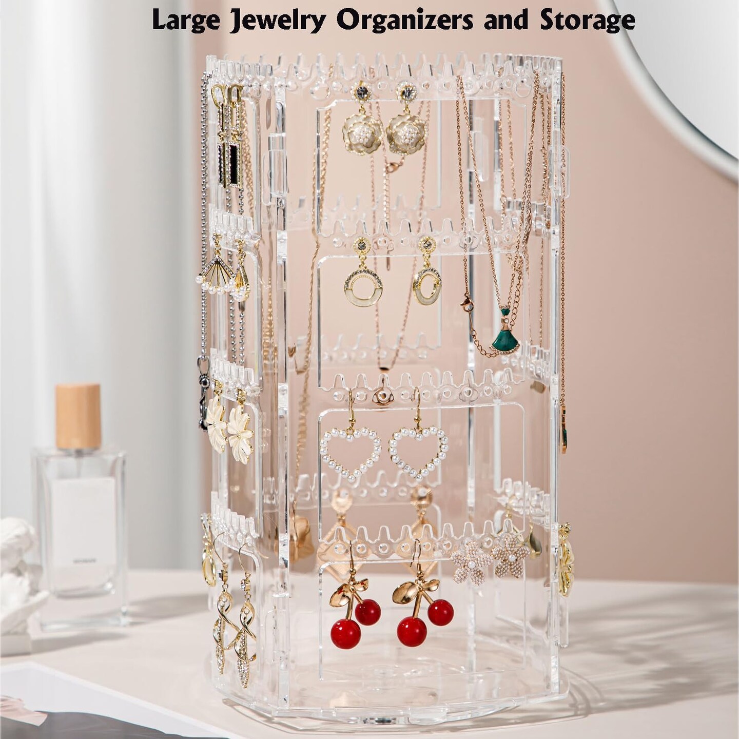 360&#xB0; Rotating Jewellery Stand Organiser, Clear Display Earring Holder, 4 Tiers Jewellery Stand Necklace Stand Jewelry Dangle Earring Necklace Bracelet Display Rack Stand for Storage