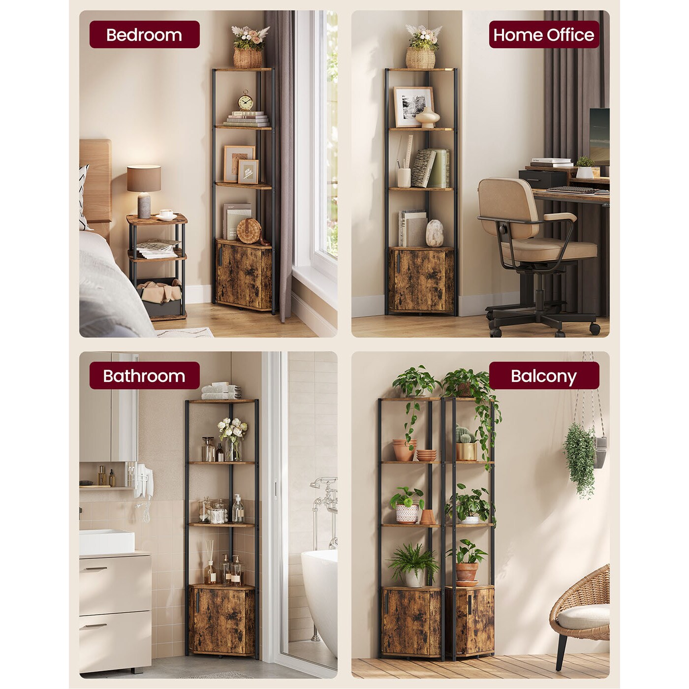 Multi Tier Corner Shelf Unit with Cabinet Door, Industrial Style Space Saving Corner Storage Organizer for Books Decor Plants