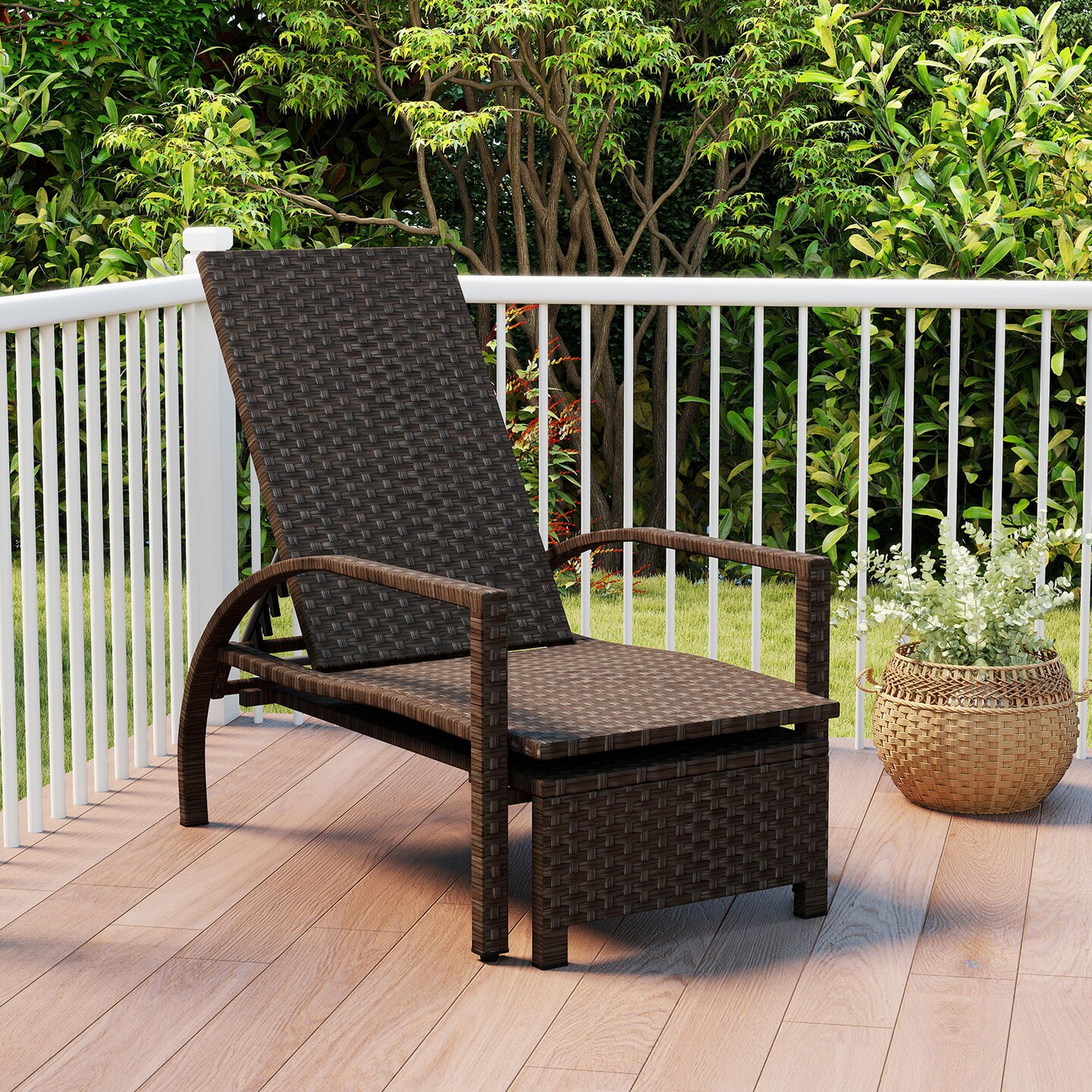 Adjustable Patio Chaise Lounge with Retractable Ottoman 5 Position Backrest Mix Brown