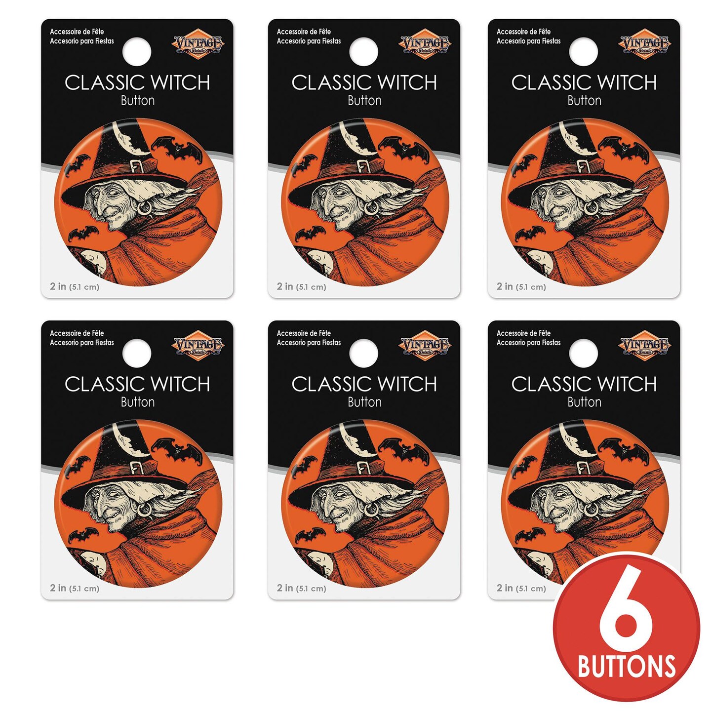 6 Pack Beistle Vintage Halloween Classic Witch Button