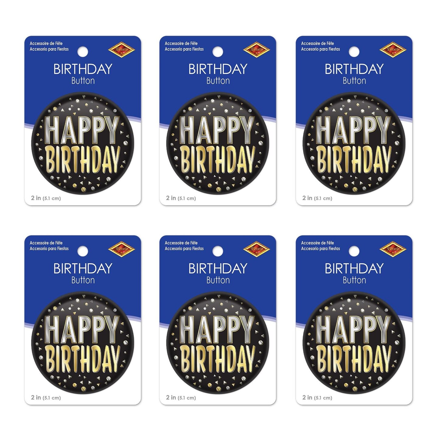 6 Pack Beistle Happy Birthday Button- Black
